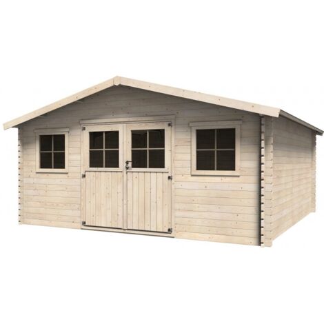 Abri de jardin bois AVELIN 478x478 cm - Surface utile : 20,43 m² - Épaisseur : 34 mm - Couleur : Naturel (1/5)