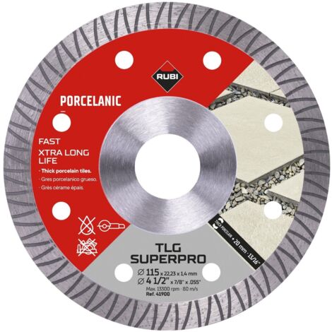 Rubi – Disque diamant 115 mm pour grès cérame – Coupe à sec – Épaisseur max 20 mm – Réduction des vibrations et bruit