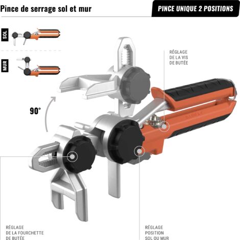 Pince de serrage de cales sol et mur – Course réglable 3mm – Poignée ergonomique – Butée double écrou pour précision