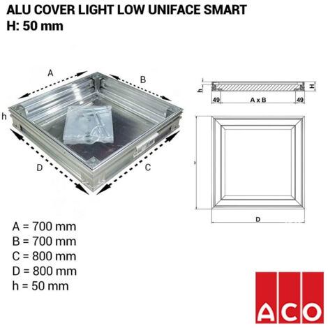 Couvercle à carreler Alucover Low light Uniface Smart 80 x 80 cm – Étanchéité intégrée – Charge piétonnière classe K3 – Fixation boulons inox – ACO