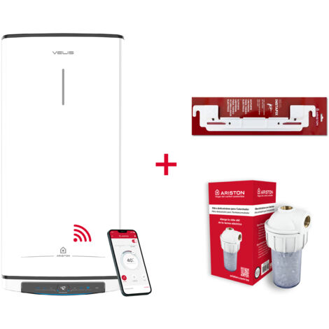 Termo eléctrico inteligente, Ariston, Velis Pro Wifi 80L + Filtro Antical + Soporte de pared, Vertical u Horizontal, Clase B