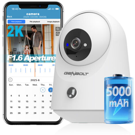 GENBOLT 2K Camera Surveillance WiFi Interieur sans Fil, Pan/Tilt Camera Animaux Interieur 5000maAh, Camera Interieur sans Fil，Détection Humaine PIR, pour De Bébé/Animaux/Sécurité Domestique