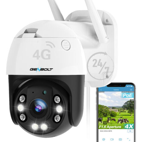GENBOLT 3G/4G LTE Caméra de Surveillance Extérieure avec Sim, PoE PTZ IP Caméra Détection Humaine Vision Nocturne Couleur Suivi