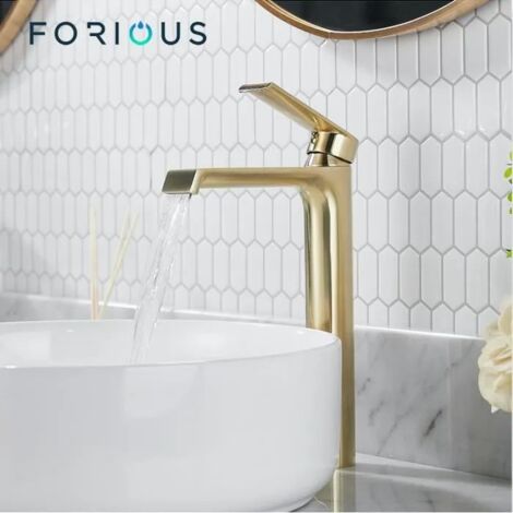 Mitigeur de lavabo haut – Robinet salle de bain en laiton dépoli or – Débit 9L/min – Installation monotrou – Mousseur ABS démontable