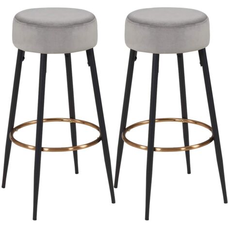 Juego de 2 taburetes de bar en tela de terciopelo gris con patas y reposapiés de metal TDB09184 (1/2)