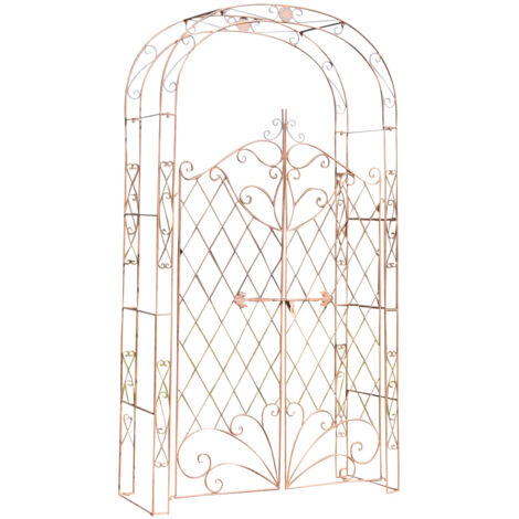 Arco de rosas con dos puertas trepadoras para decoración de jardín, 220 x 120 cm, en metal marrón envejecido 100003952