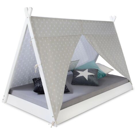 Cama tipi infantil estilo tienda de campaña india 90 x 200 cm de madera con tela y somier de láminas LIT06166/2 (1/5)