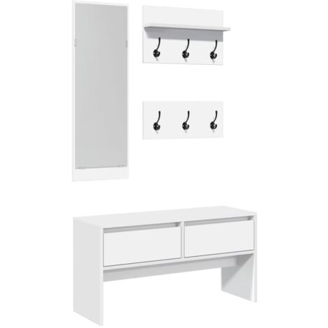 Conjunto de muebles de entrada Banco con perchero, cajones y espejo en madera de ingeniería blanca DEC024964