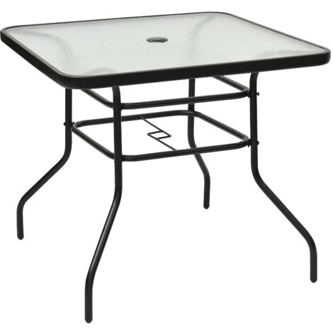 Mesa de jardín cuadrada de metal con tapa de cristal 81x81x71 cm estilo moderno para terraza balcón negro 200001197 (1/4)
