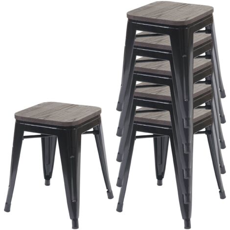 Juego de 6 taburetes bajos, asiento de madera, estructura de metal negro, diseño industrial, apilables 040007800 (1/5)