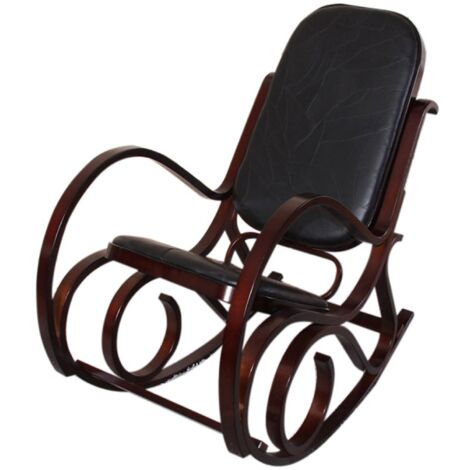 Mecedora en madera oscura con asiento de cuero negro FAB04010