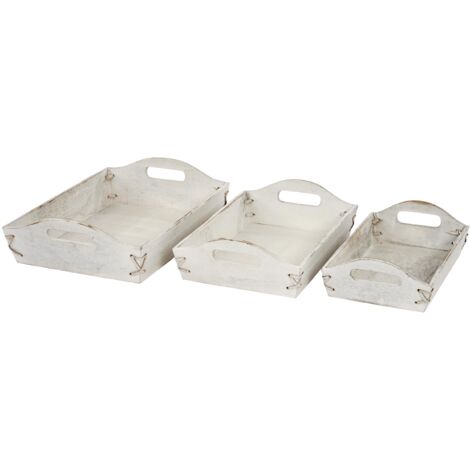Juego de 3 bandejas apilables para servir desayuno en madera blanca envejecida vintage 040002999 (1/5)