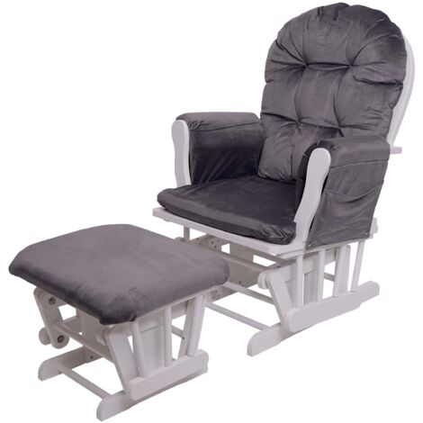 Mecedora mecedora con reposapiés relax diseño rústico en madera de abedul blanco y tela de terciopelo gris 040002935