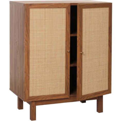 Aparador con 3 compartimentos de almacenaje en madera de mango y ratán kubu 98x79x42 cm aspecto nogal 040005980 (1/5)