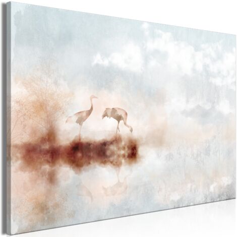 Cuadro decorativo en lienzo con impresión premium en 1 parte sobre marco de madera Patrón de grulla en la mañana 60x40cm 110017843 (1/3)