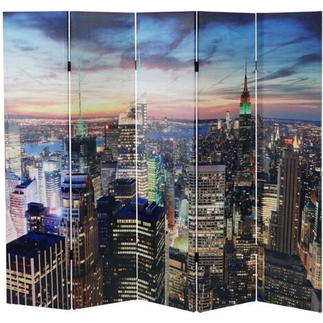 Biombo separador de ambientes 5 secciones 30 LED 180x200cm estampado Nueva York PAR04021
