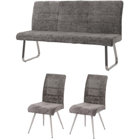Juego de 2 sillas de comedor + banco 160 cm de acero inoxidable cepillado en tejido de chenilla gris oscuro 040008278 (1/5)