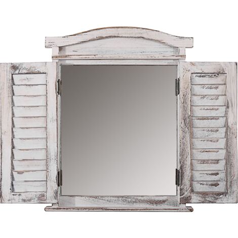 Espejo de pared en forma de ventana con contraventanas 53x42x5cm en madera blanca envejecida 040005485