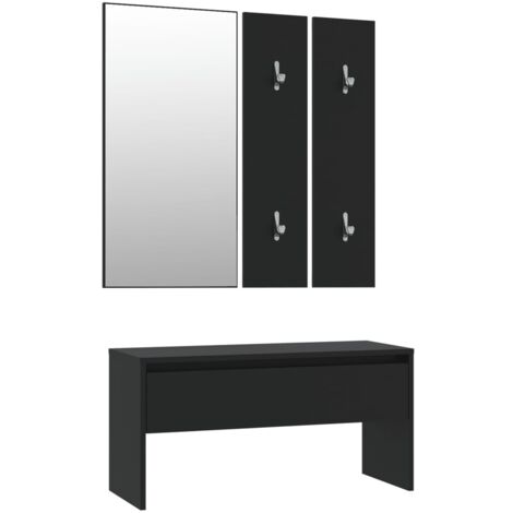 Conjunto de muebles de pasillo de entrada, banco con cajón de almacenamiento con espejo y perchero en madera de ingeniería negra DEC024972 (1/4)