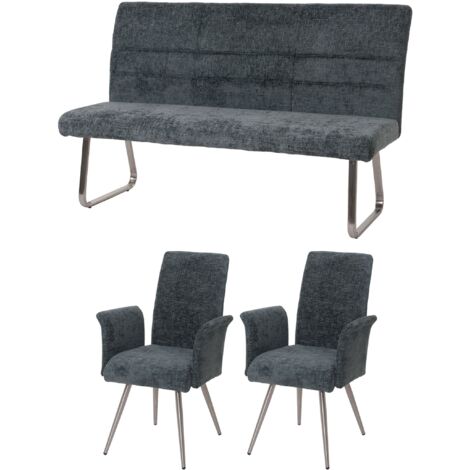 Juego de 2 sillas de comedor con reposabrazos + banco 160 cm de acero inoxidable cepillado en tejido chenilla azul-verde 040008287 (1/5)