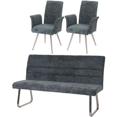 Conjunto de 2 sillas de comedor con reposabrazos + banco 180 cm acero inoxidable cepillado tejido chenilla marrón 040008285 (1/5)