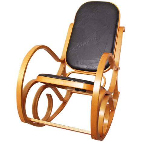 Mecedora mecedora de madera clara, asiento de cuero negro FAB040009