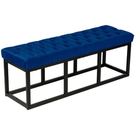 Banco de sofá a pie de cama de 120 cm de largo en terciopelo azul y metal negro 100003666