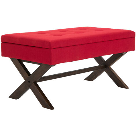 Banco de cabecera de 98 cm con espacio de almacenamiento en tela roja con botones decorativos, pies oscuros 100003659