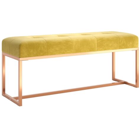 Banco de cabecera de cama de diseño moderno 110 x 36 x 45 cm en terciopelo amarillo mostaza acolchado y metal dorado DEC024813