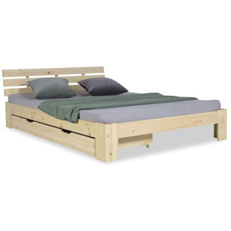 Cama doble 140x200 cm con cajón contenedor y somier de láminas de madera de pino claro LIT06226 (1/5)