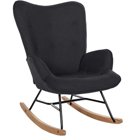 Mecedora mecedora de tejido acolchado negro, estructura de metal y deslizadores de madera 100003807
