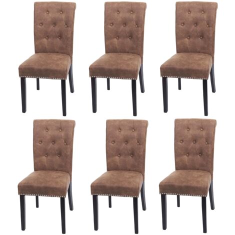 Juego de 6 sillas de comedor de diseño Chesterfield con remaches metálicos decorativos de tela marrón oscuro 040007621 (1/5)