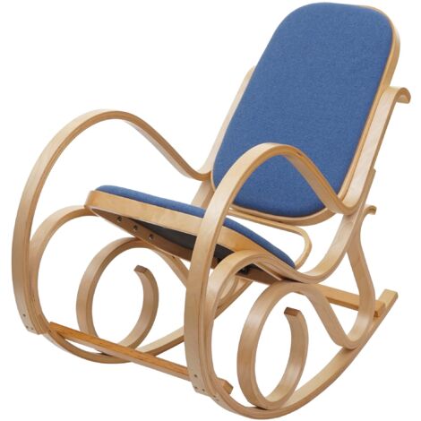 Mecedora de madera clara con asiento de tela azul M10005506