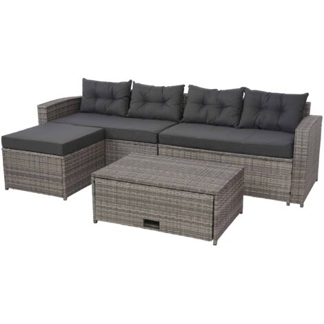 Muebles de jardín de poliratán para balcón, jardín, terraza, sofá, mesa de centro, puf, gris, compartimento de almacenamiento, cojines gris oscuro 040004234 (1/5)