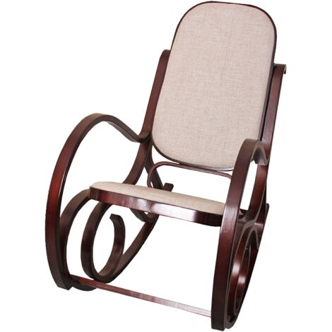 Mecedora mecedora en madera oscura, asiento en tela marrón FAB04044