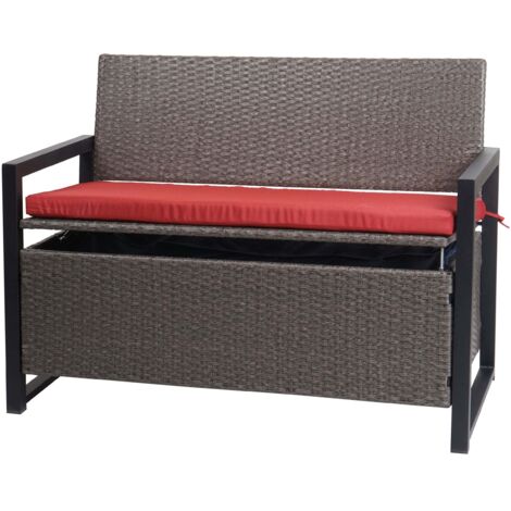 Banco de jardín de dos plazas de polirratán HWC-F39, banco con espacio de almacenamiento, asiento con cojín, cojín gris jaspeado rojo 040005796 (1/5)