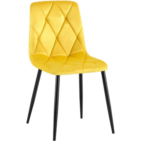 Silla de comedor x1 en terciopelo amarillo con costuras decorativas de rombos y estructura de metal 100007191 (1/5)