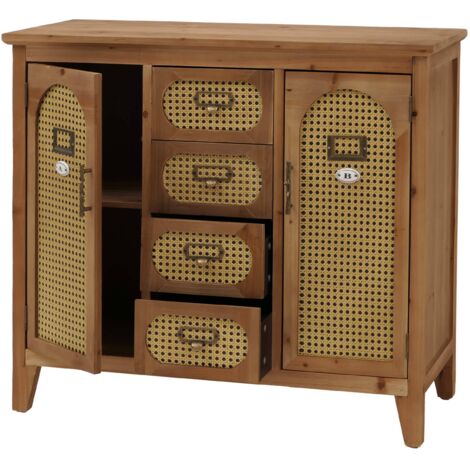Cómoda aparador y mueble de almacenaje estilo boticario con cajones y puertas ratán estilo vintage 80 x 91 x 40 cm acabado natural 040009115