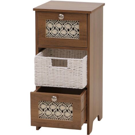 Cómoda pequeña con 3 cajones 1 cesta extraíble de ratán estilo natural 63 x 30 x 30 cm MDF revestido de melamina marrón 040009110