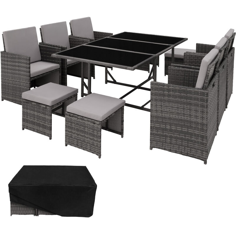 Conjunto de ratán Málaga 6+4+1, funda impermeable - mueble de exterior de poli ratán, muebles de ratán sintético con cojines y fundas, asientos de jardín con estructura de acero