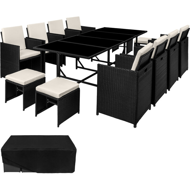 Conjunto de ratán Palma compuesto de 8+4+1 - mueble de exterior de poli ratán, muebles de ratán sintético con cojines y fundas, asientos de jardín con estructura de acero