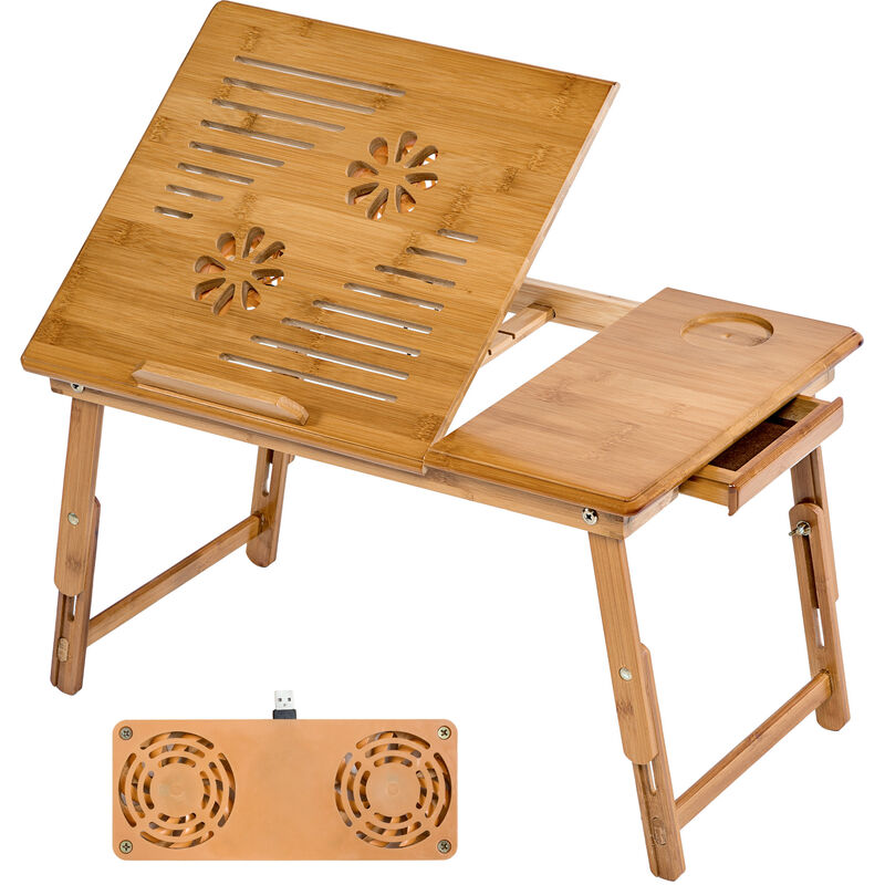 Mesa para portátil de bambú 55x35x26cm ajustable y con puerto USB - mesita para portátil de madera, mesa plegable para laptop para cama, mesa abatible para ordenador con ventilador