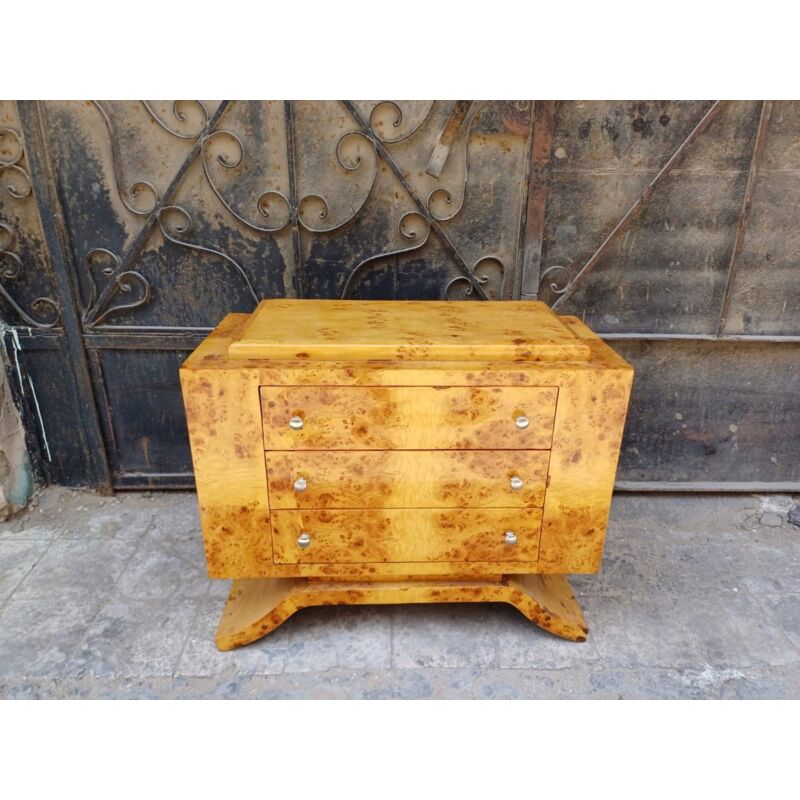 Commode Art déco en bois de ronce, 3 tiroirs, meuble vintage, style rétro