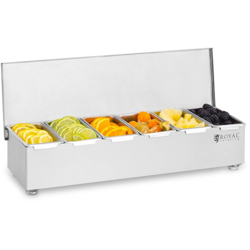 RUETERY Récipient à ingrédients pour pizza en acier inoxydable avec 6 compartiments - Avec couvercle - 2,7 l - 45,5 x 15 x 9 cm RUETERY Récipient à ingrédients pour pizza en acier inoxydable avec 6 compartiments - Avec couvercle - 2,7 l - 45,5 x 15 x 9 cm