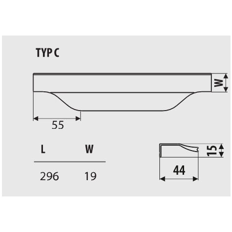 Manche UA119, noir mat, longueur 296 mm, coupe C (1/2)