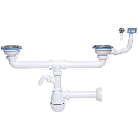Siphon double évier 115mm – Entrées pour lave-linge et lave-vaisselle – Compatible éviers ronds et rectangulaires – TYC