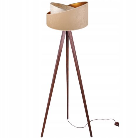 Lampadaire trepied bois abat jour blanc