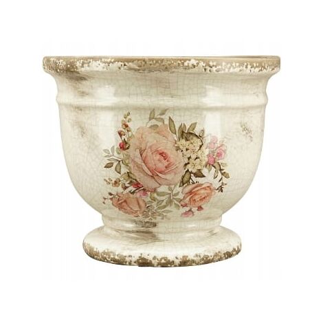 Pot de fleurs en grès Rosae – Motif de roses – 17,5 cm de diamètre – 14,5 cm de hauteur – Pour salon, chambre, bureau (1/2)