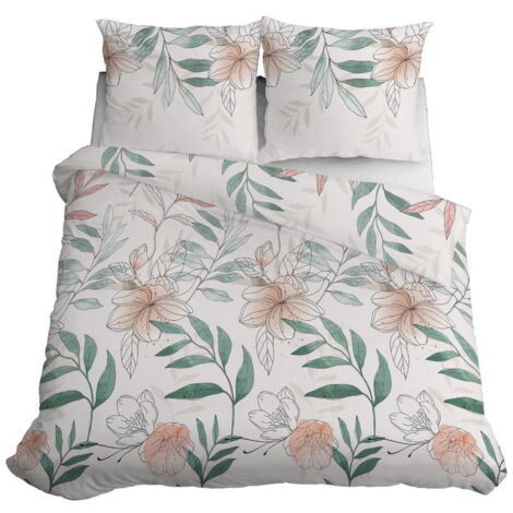 Parure de lit en satin 160x200 Fleurs Feuilles Pastel (1/5)