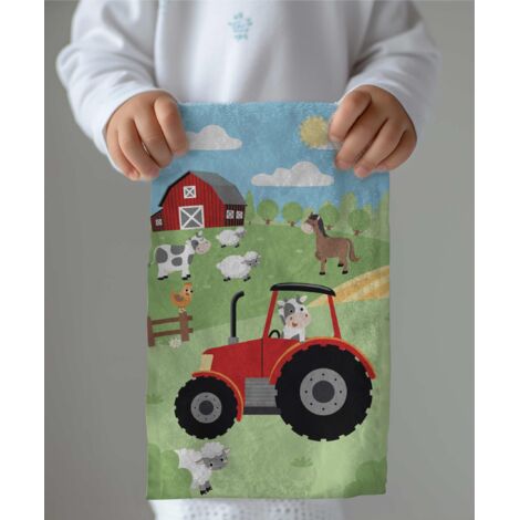 Serviette De Bain Motif Tracteur - 70 X 140 Cm 100% Coton Pour Enfant Et Adolescent